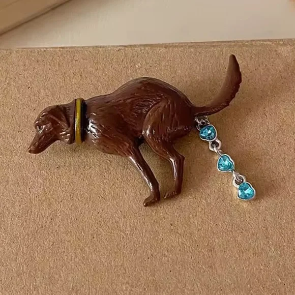 Pooping Brown Dog Brooch with Blue Accents - Picture 7 of 7
